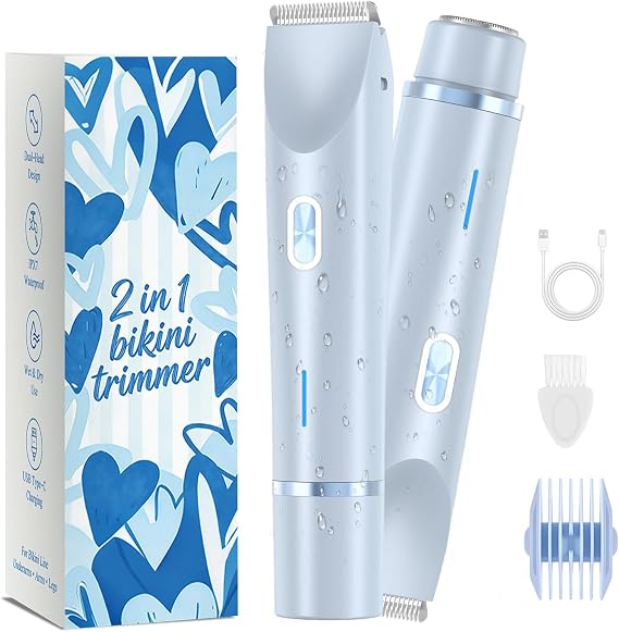 Bikini Trimmer for Women 2-in-1 Waterproof Electric Shaver,Blue