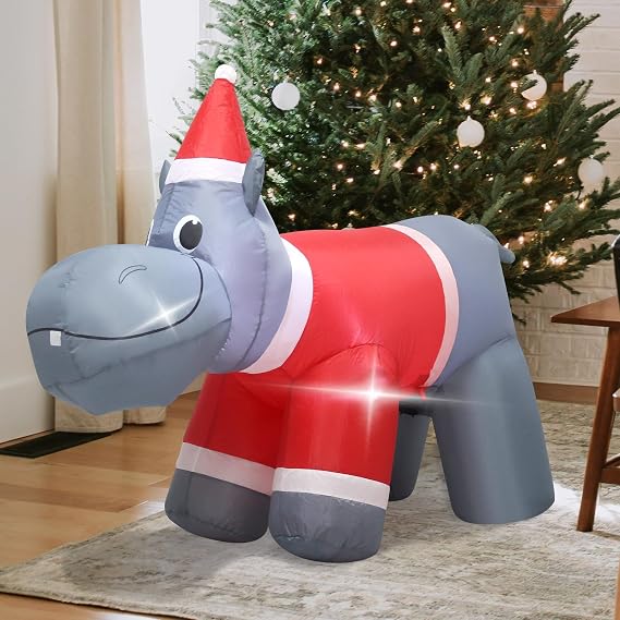 4FT Long Christmas Inflatable Hippo Decorations with Lights, Outdoor Yard Blow up Grey Hippopotamus Decoration,Indoor Lighted Christmas Holiday Addition