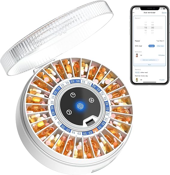 Zoksi Premium Automatic Pill Dispenser with Fingerprint & Key Lock, Smart Monthly Medication Organizer with Alarm & Light, Electronic Pill Organizer for Elderly&Forgetfulness, White