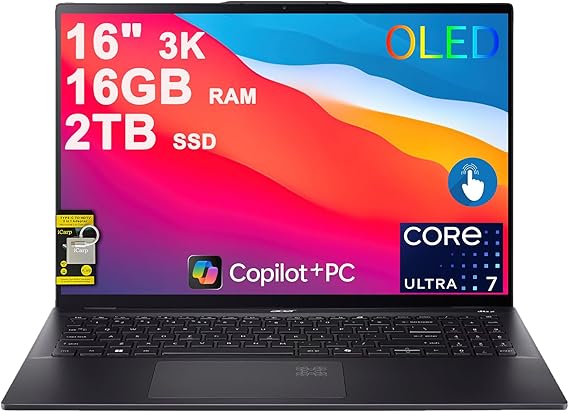 Acer Swift 16 AI Laptop 16" 3k OLED 120Hz Touch (100% DCI-P3) Intel 8-core Ultra 7 256V (Up to 47 Tops) 16GB RAM 2TB SSD Backlit Fingerprint for Designer Business Work Win11 ICP Hub w/Copilot+ AI