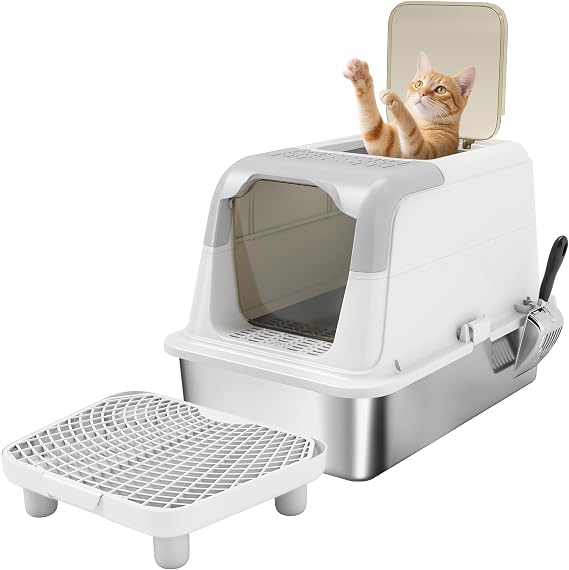 PawHut Stainless Steel Litter Box, Extra Large Enclosed Cat Litter Box