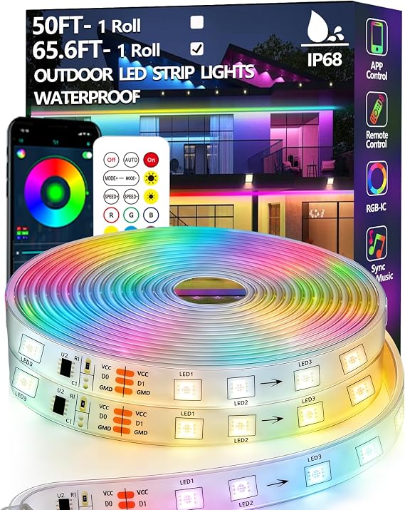 20m Outdoor LED Strip Light Waterproof,IP68 Outside RGB+IC Lights Strip with App/Remote Control,Chase Mode,Music Sync Light for Balcony,Deck,Rooftop,Garden,Pool [Energy Class A]