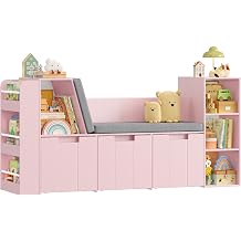 HOCSOK Kids Bookshelf, Children's Bookcase with Reading Nook, 4-in-1 Toy Storage Unit with Seat Cushion, Toy Organiser with 3 Rolling Toy Chest & 4 Storage Cubes, for Bedroom, Playroom, Nursery, Pink