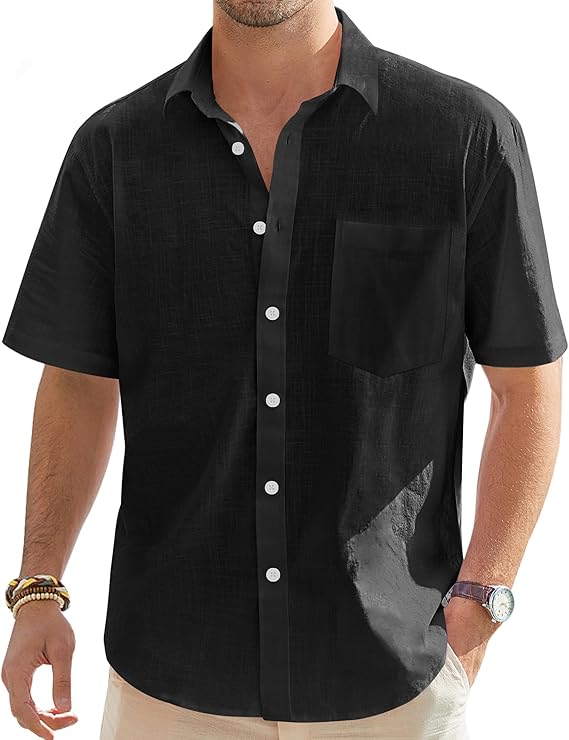 J.VER Mens Linen Shirt Short Sleeve Button Down Casual Summer Shirts | Cotton Linen, Untucked, Big Tall, from Beach Camp Vacation, Cruise Fishing, Work Office, to Wedding Party Family, with Pocket