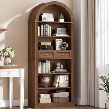RALGEND Arched Bookshelf, 73" Tall Arch Bookcase with Drawer, 6-Tier Farmhouse Book Shelf, Wooden Bookshelf with Open Display Shelves for Living Room, Office, Adjustable Shelf, Walnut and White