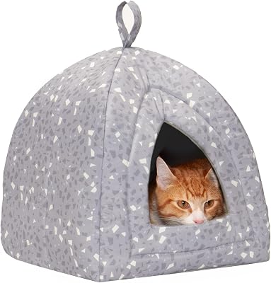 Furhaven Cat Bed Cave for Indoor Cats & Small Dogs, Washable & Foldable w Removable Cushion - Polycanvas Print Pet Tent - Gray Terazzo, Small
