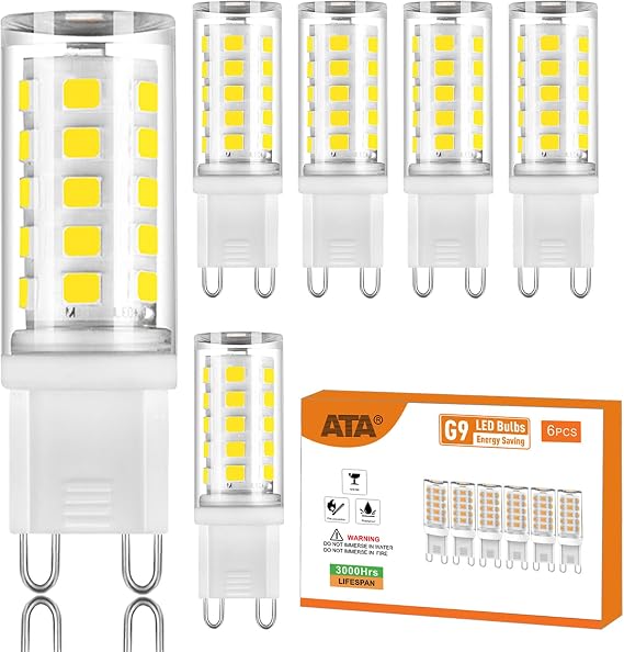 ATA 6 Pack G9 LED Bulb No-dimmable T4 Chandelier Light Bulbs 4W Natural White 4000K, (40W Halogen Replacement) G9 Bi Pin Ceramic Base, 120V AC 360Beam Angle 450LM for, Crystal Wall Lamp