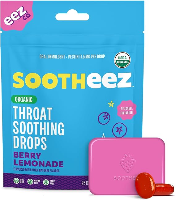 Lolleez Sootheez by EEZ Co. Organic Throat Soothing Drops, Perfect for Soothing A Sore Throat While Tasting Great, Perfect for Back-to-School, Berry Lemonade, 25 Count