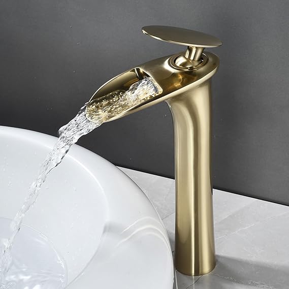 Bathroom Basin Taps Brushed Gold Brass, Waterfall Tall Bathroom Sink Mixer Tap, Single Lever Single Hole Bathroom Mixer Tap Faucet