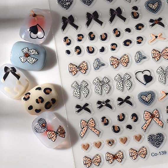 Bow Nail Stickers Leopard Print Nail Decals for Nails Art with Heart Design 5D Embossed Self Adhesive Nails Art Stickers Charms Supply for Women Girls Kid Manicure DIY Decorations