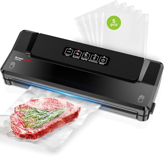 Bonsenkitchen Vacuum Sealer Machine With 5 Vacuum Bags,Black