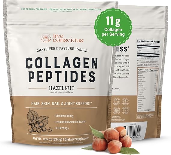 Live Conscious Collagen Peptides Powder - Hazelnut Flavored Collagen Powder - Hair, Skin, Nail, Joint Support - Type I & III Grass-Fed Collagen Supplements for Women and Men - 30 Serving - 12.4oz