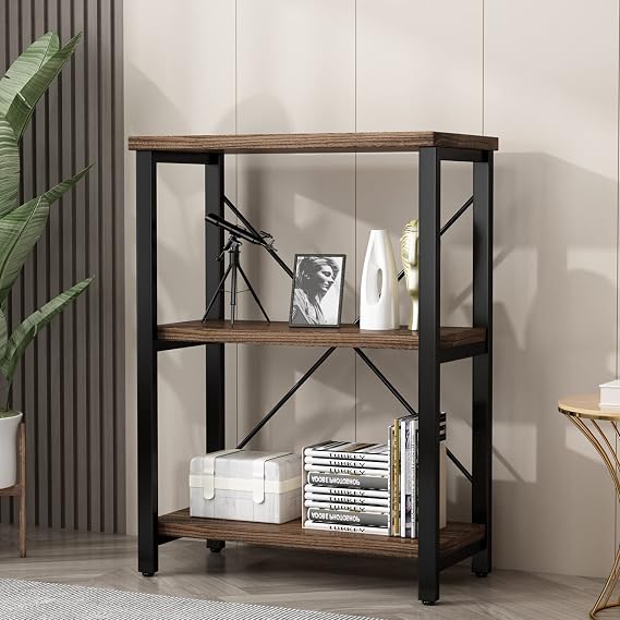 AY01-3-Tier Industrial Solid Wood Open Etagel Bookshelf Metal Frame Rustic Wood Metal Shelf Storage Organizer for Living Room Bookshelf Furniture