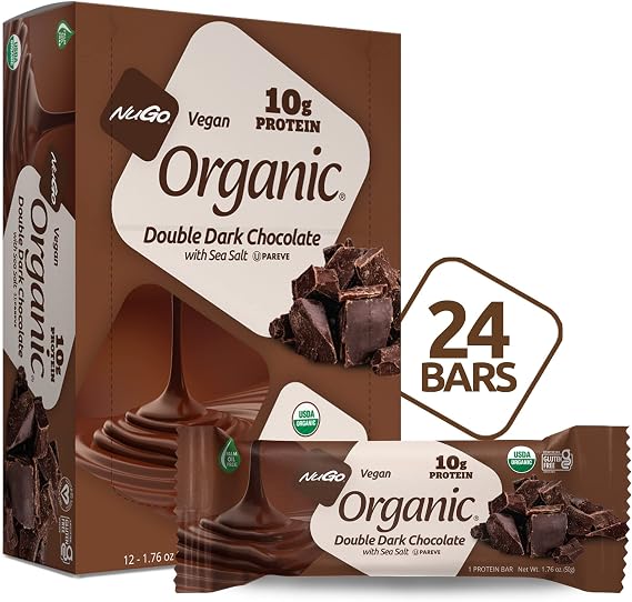 NuGo Organic, Double Dark Chocolate, 10g Vegan Protein, Gluten Free, 24 Ct
