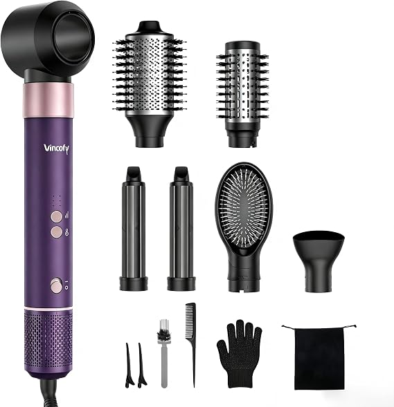 Vincofy 7 in 1 Blow Dryer Brush Set - Hot Air Styler for Fast Drying, Curling, Straightening & Volumizing Ionic Hair Dryer Brush with 1500W Power - No Heat Damage for All Hair Types - Dark Purple
