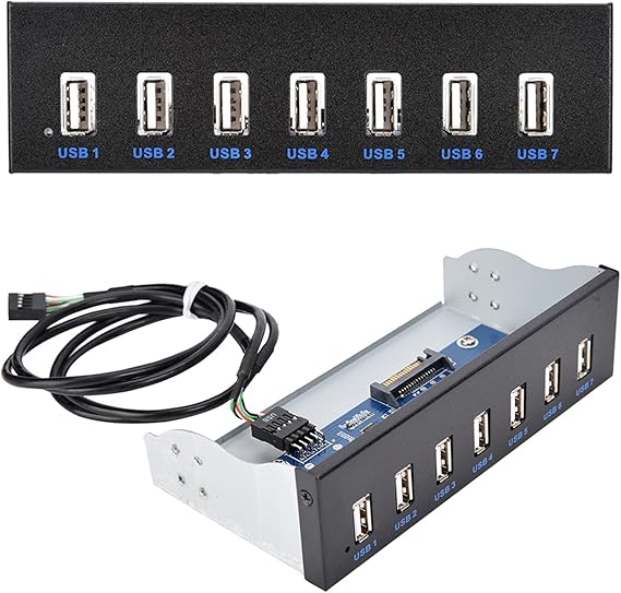 USB 2.0 HUB 5.25 Inch Internal Front Metal Panel 5.25 Inch 7 Port USB Hub Drive Panel 9PIN to 6 Port USB2.0 Panel Fit for 5.25 Inch Computer Case Scanner Typewriter
