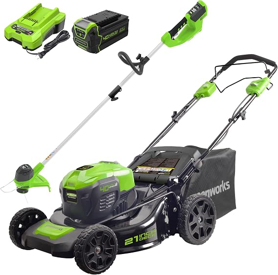 Greenworks 40V 21" Brushless Cordless Self-Propelled Electric Lawn Mower, String Trimmer, 5.0Ah Battery and Charger