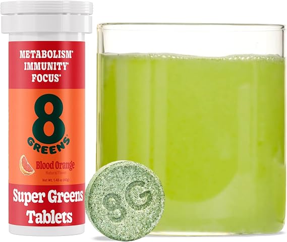8Greens Supergreens Effervescent Tablets, Blood Orange, 10 Servings | Boosts Metabolism, Immunity & Focus; Contains Aloe vera, spirulina & chlorella; Vitamins C, B6, B12 & folate; Doctor-Backed