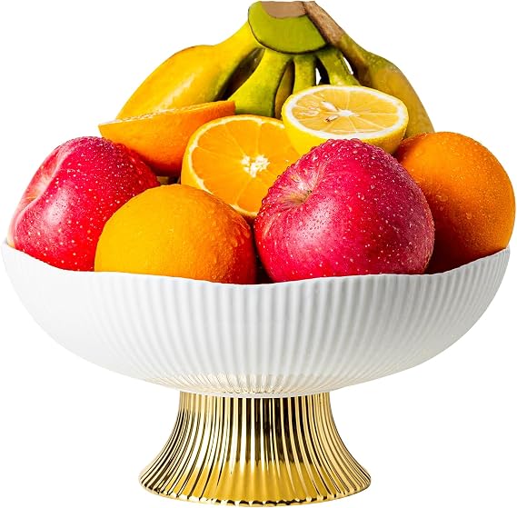 Ceramic Fruit Bowl,10 Pedestal Bowl, Decorated Fruit Tray for Kitchen Counter and Dining Table, Footed Bowls for Afternoon Tea Parties, Bread and Salad Bowl with Golden Feet. (white)
