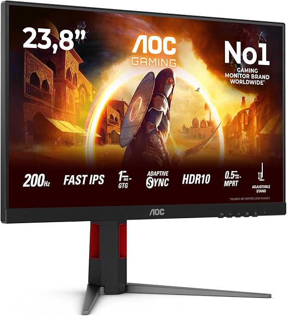 AOC 24G4HA 24 inch FHD Gaming Monitor 200Hz, Fast IPS Panel, 1ms GtG, HDR10, G-Sync Compatible, Height Adjustment, Speakers, (1920x1080 HDMI 2x 2.0 DP 1x 1.4) Black