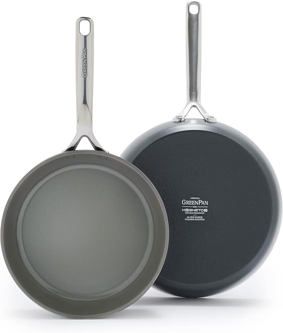 GreenPan GP5 Hard Anodized Healthy Ceramic Nonstick 9.5 & 11 2 Piece Frying Pan Skillet Set,Heavy Gauge Scratch Resistant,Stay-Flat Surface, Induction, Mirror Finish Handle,Oven Safe,PFAS-Free,Slate