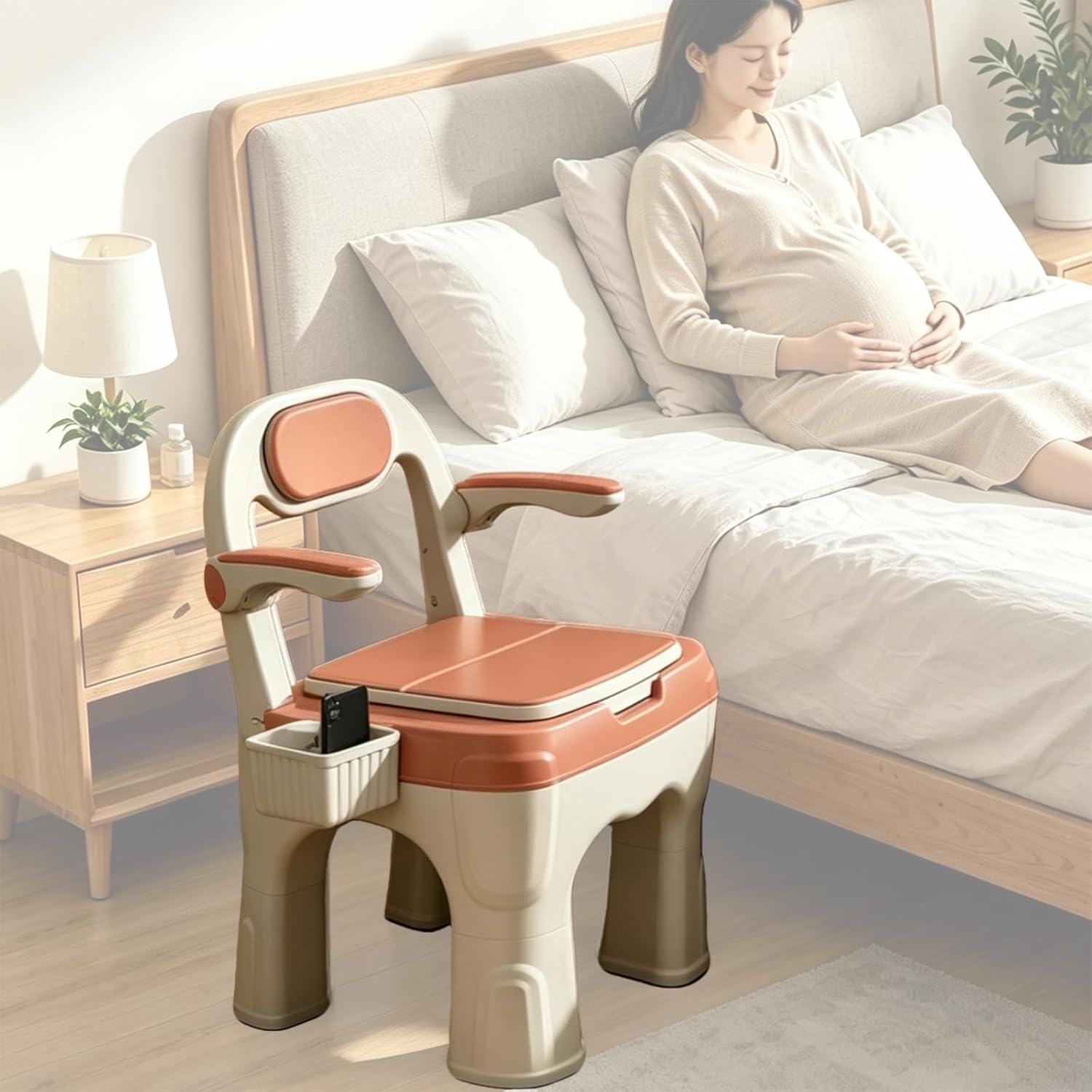 Commode Toilet Chair,Commode Chair Bolded legs Mobile,Rotatable Armrest,Non-Slip Rubber Tips for the Elderly and Pregnant Women Bedside Commode Toilet paper holder Shower Chair (Orange)
