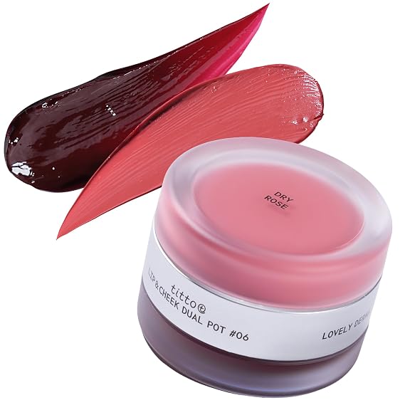 titto Lip & Cheek Dual Pot Blendable & Buildable | Multi-Use Tinted Balm & Blush for Cheeks, Rich Buttery Texture, Long-Lasting, Natural Dewy Finish, Vegan, K Beauty (#06 Dry Rose/Veiled Rosy)