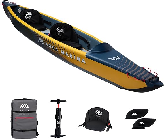 Aqua Marina Tomahawk AIR-K High Pressure Drop Stitch Premium Inflatable Kayak for 2 People 440 cm Length Navy/Yellow