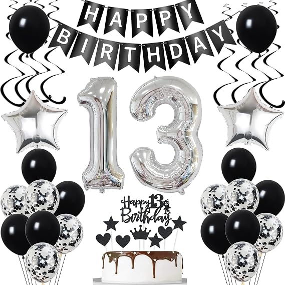 Air Balloon 13th Birthday Decoration Black Silver Birthday Decoration 13 Years Girl Cake Decoration 13 Girls Boy Balloons 13th Birthday Decoration Cake Decoration 13th Boy Girl