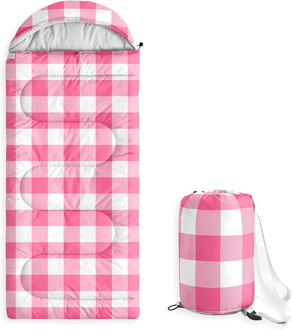 Wake In Cloud - Kids Sleeping Bag for Boys Girls Toddlers, Camping in Warm Cold Weather, Backpacking Lightweight Compact Outdoor Liner for 3 Seasons, Gingham Plaid