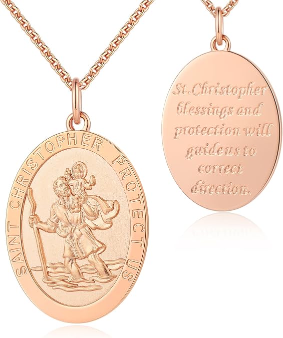 jiamiaoi St Christopher Necklace Round/Oval St Christopher/Jesus Medal Necklace for Men Women, Personalized Engraved Round Medallion Antiqued Religious Protector Talisman Pendant, Silver/Gold/Rose Gold