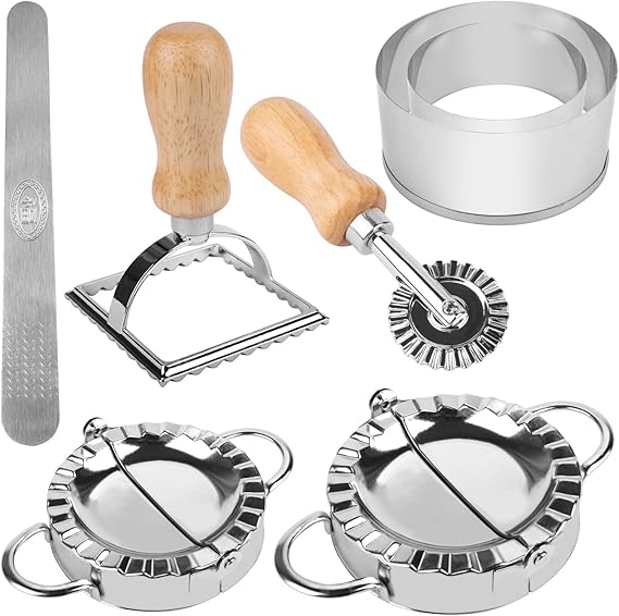 Dumpling Maker Set 7 Pcs Stainless Steel Dumpling Mould with Ravioli Cutter and Pasta Cutter Wheel for Ravioli Pastry Empanadas