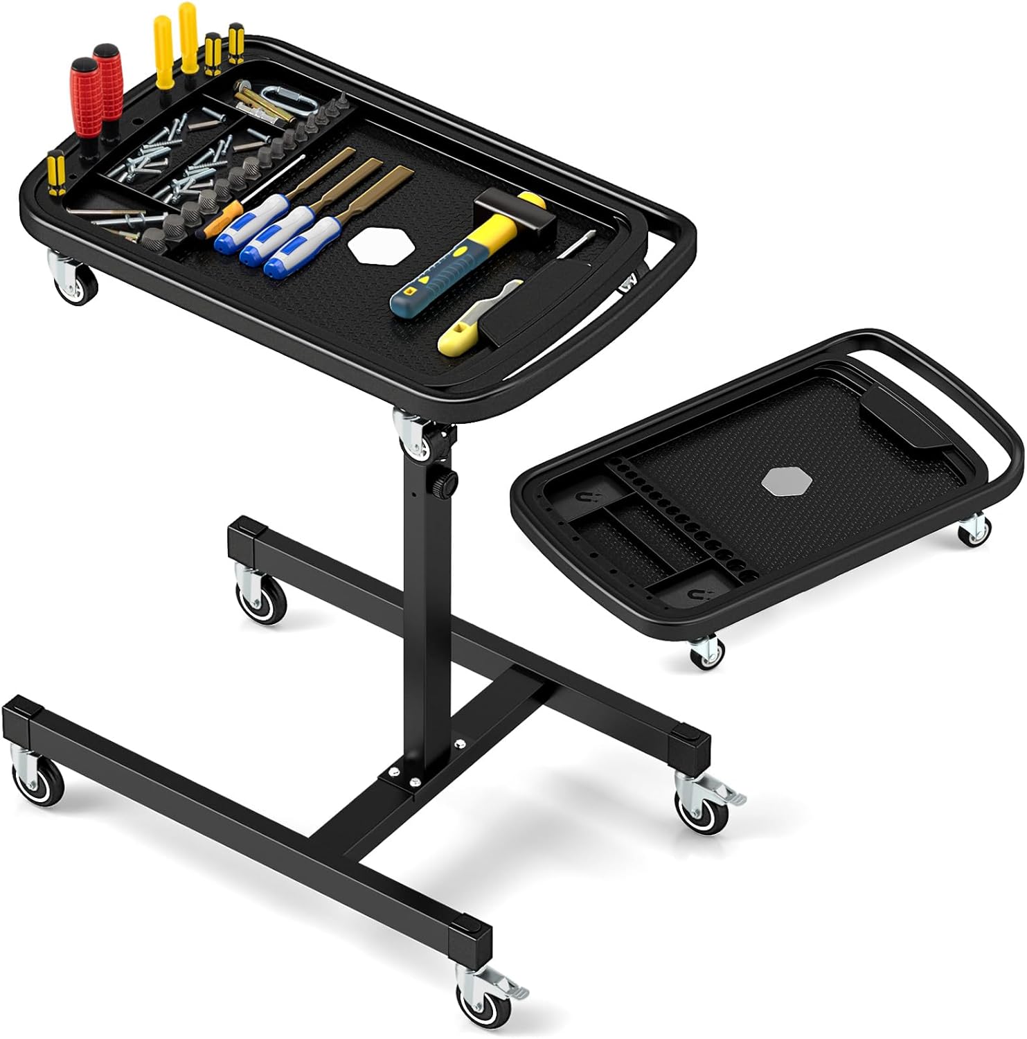 COSTWAY 2-in-1 Rolling Work Table, Height Adjustable Tool Cart with Detachable Top Tray, 8 Wheels & Handle, Portable Mechanic Tool Tray on Wheels for Garage, Repair Shop, Workshop, 60 kg Max Load