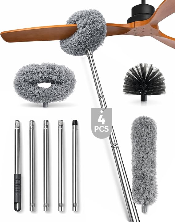 Practical 3 in 1 Dusters Kit for Cleaning, Efficient Duster with Extension Pole, Upgraded High Ceiling Fan Cleaner Duster, Easy Washable Spider Cobweb Brush Duster for Blinds/Wall/Tight Spaces