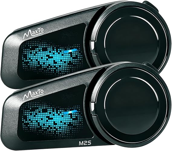 MAXTO Motorcycle Bluetooth Headset M2S, 6-Way Helmet Intercom Communication System with IP67 Waterproof, Voice Assistant, FM Radio, Music Sharing, Noise Cancellation,Motorbike Headphone (2 Pack)