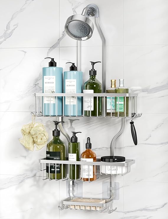 YASONIC Never-Rust Aluminum Hanging Shower Caddy Over-the-Showerhead Organizer with 10 Hooks for Razor and Sponge Includes Soap Basket Silver