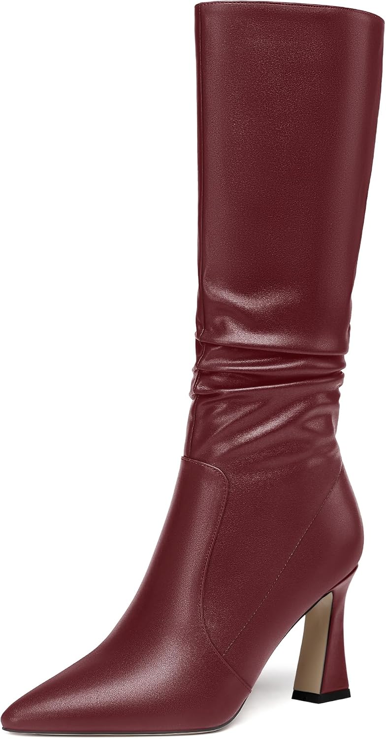 AMBELIGHT Womens Solid Party Matte Zip Pointed Toe Sexy Spool High Heel Mid Calf Boots 3.3 Inch