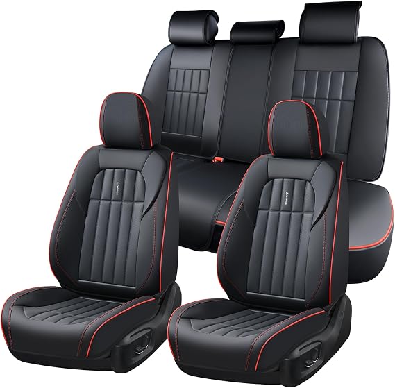 FLORICH Leather Seat Cover, Car Seat Covers Full Set, Waterproof Car Seat Protectors 5 Seats, Front and Rear Seat Covers for Cars, Automotive Seat Protector Fit for Most Cars Trucks - BlackRedLine