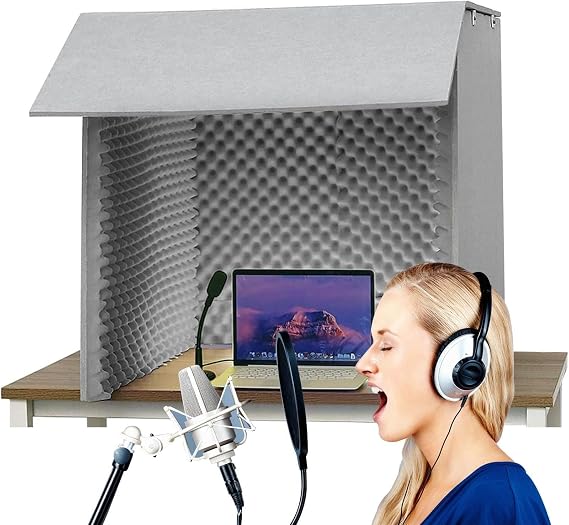Desktop Soundproof Cover, Self Made Sound Booth Box, Portable Recording Booth, Microphone Isolation Booth Box, for Crisp Dry Echo Free Vocals at Home & On The Road,Grey