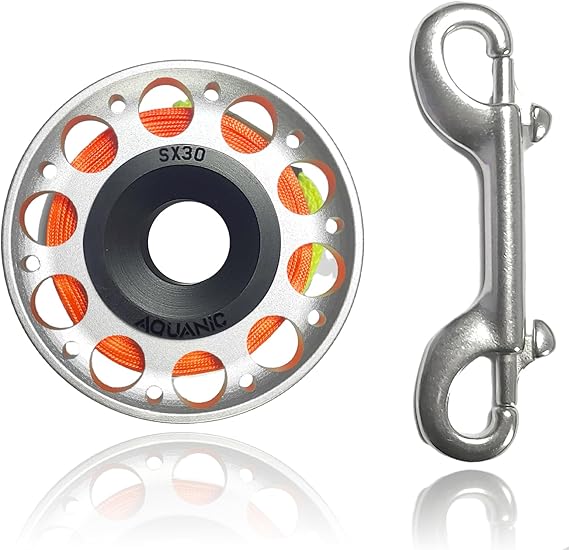 Scuba Diving Reel 102FT Finger Reel with Dive Double-Ended Bolt Snap Clip Aluminum Scuba Dive Finger Spool Reel for Snorkeling Diving Fishing,silver