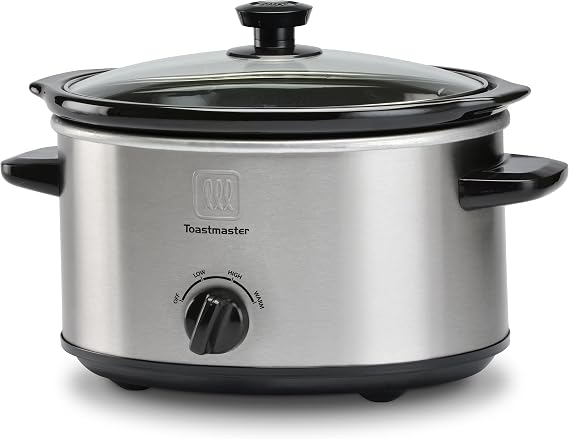 Toastmaster 5-Quart Slow Cooker - Stainless Steel Slow Cooker with Tempered Glass Lid - Dip & Food Warmer for Parties & More - Dishwasher-Safe Stoneware Crock