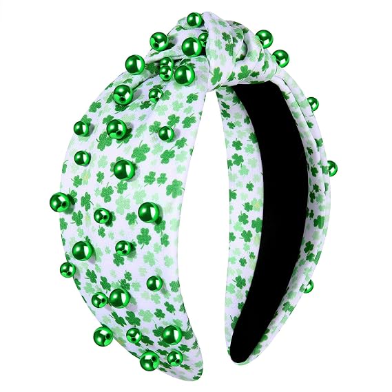 MOLOCH St.Patrick's Day Headband for Women Beads Printed Lucky Clover Knotted Headband Green Crystal Jeweled Top Knot Head Band Irish Shamrock Hairband St.Patricks Day Gifts