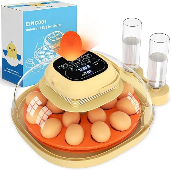 18 Egg Incubator for Hatching Eggs with Automatic Turning, Digital Temperature & Humidity Control, Built-in Egg Candler & Auto Water Refill, 360 Clear View for Chicken, Beige+Orange