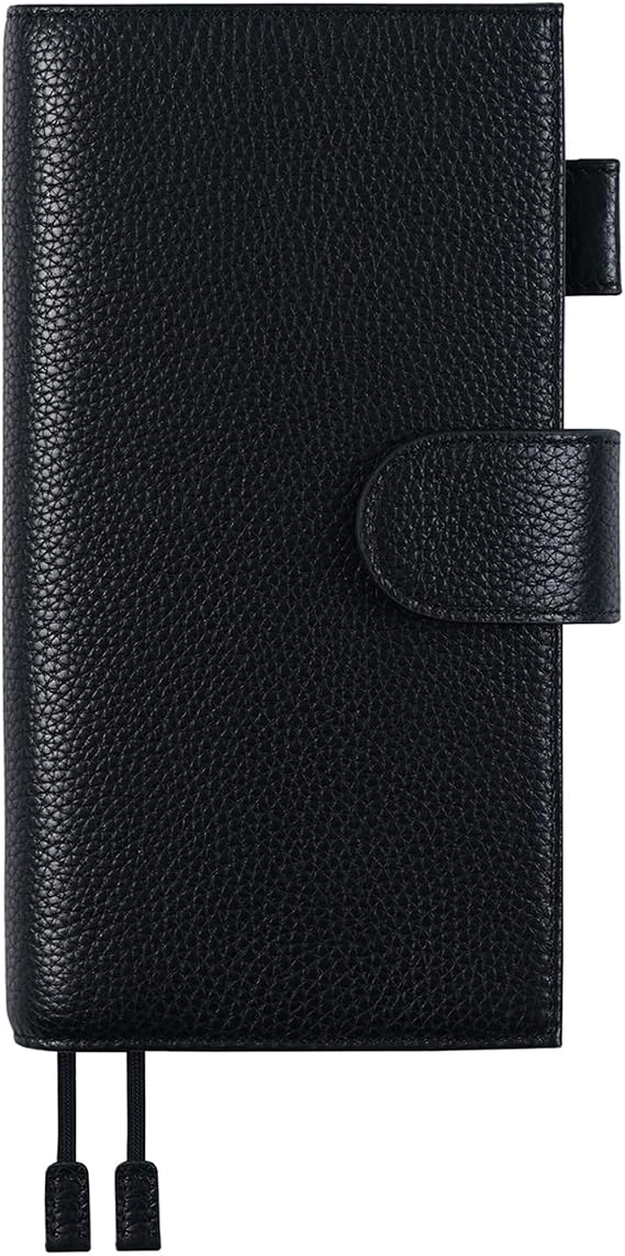 Moterm Leather Cover for Hobonichi Weeks/Weeks Mega, with Back Pocket | Original Collection (Weeks), Pebbled-Black, with Built-in Pen Loop & Card Slots