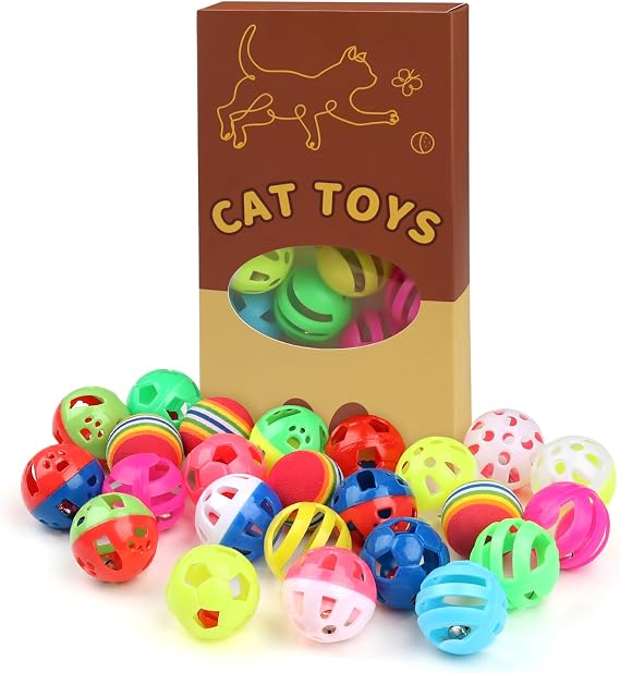 QUOZUO 24pcs Value Pack Plastic Ball Cat Toys Lattice Balls with Bell Jingle Kitten Toy Rainbow Ball, Gift Box Styles