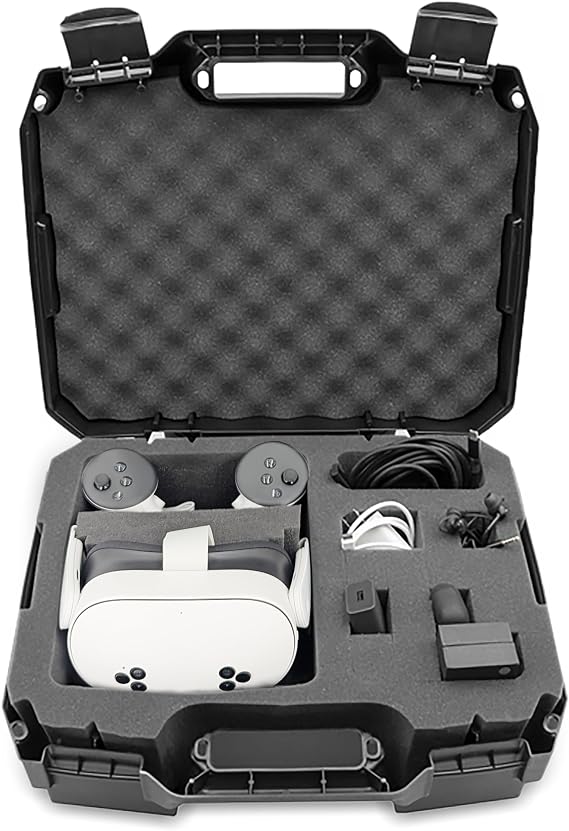 CASEMATIX Hard Shell VR Travel Case for Meta Quest 3S, 3 & 2 Headsets Protective Carrying Case with Custom Compartments for Controllers, Cables & VR Accessories