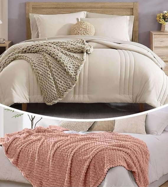 Monbix 7 Piece Comforter Sets and Fleece Throw Blanket Bundle