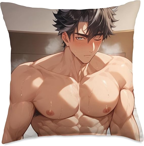 Sexy Dark Haired Anime Boy Pecs Bara Tiddies Gay Yaoi Manga Throw Pillow