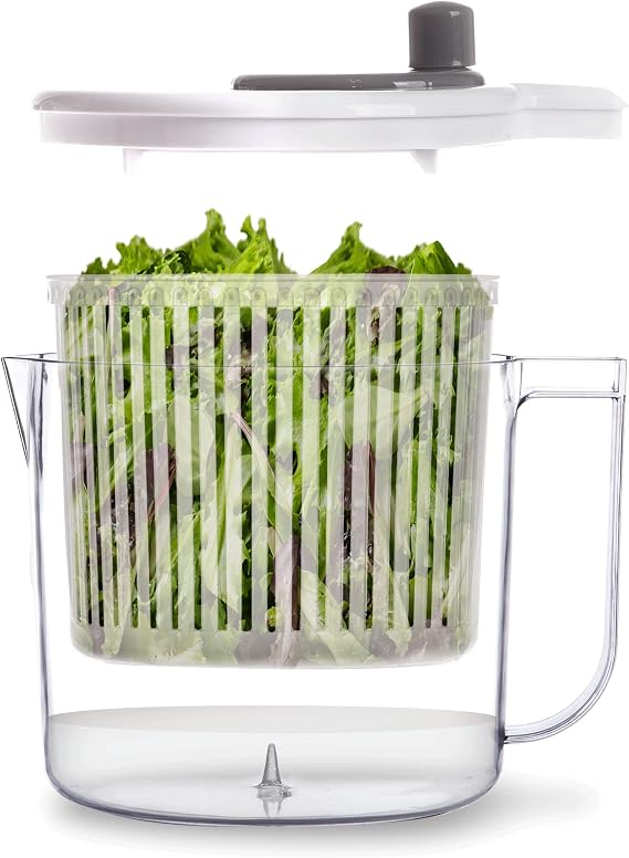 BINO | Salad Spinner - 2.6 Qt | Small Manual Lettuce Spinner with Built-in Draining System | Salad Spinner, Colander, and Water Pitcher in One | Fruit & Vegetable Basket Colander | Kitchen Gadgets