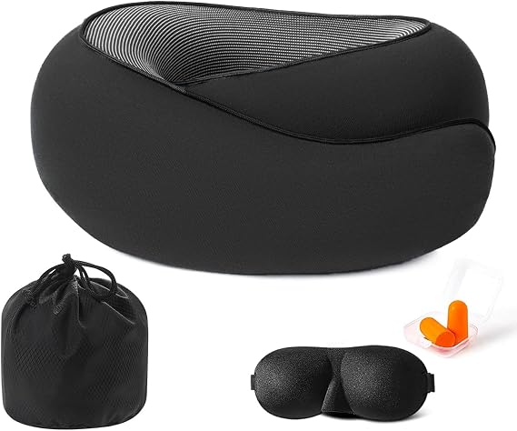 Pillows for Travel Headrest Neck Support Travel Pillows for Airplanes Or Trains, 360 Head Support Sleep for Long Flight, Kit with 3D Contoured Eye Mask, Earplugs and Storage Bag